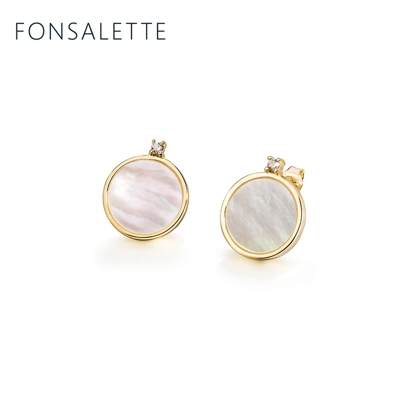 Fonsalette, 925 пробы, серебро, 18 К, золото, тон, кубический циркон, натуральный, серьги-гвоздики в виде ракушки, Круглый, перламутр, серьги для девочек szk30 - Цвет камня: 18K gold-10MM