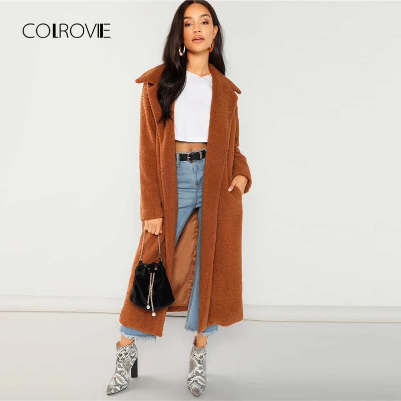 Женский однотонный кардиган COLROVIE с карманами из искусственного меха 2018 осенняя