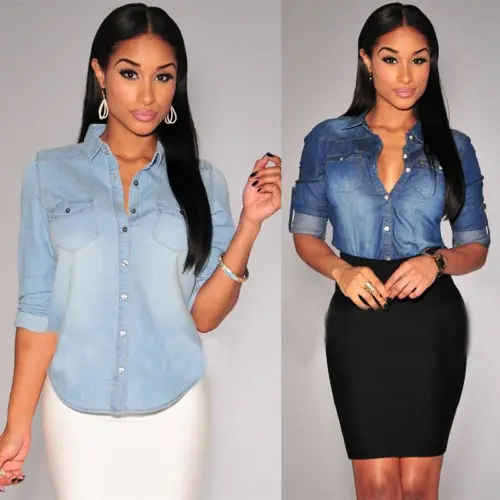 

US STOCK Women Casual Jean Soft Denim Long Sleeve Shirt Solid Blouse Jacket