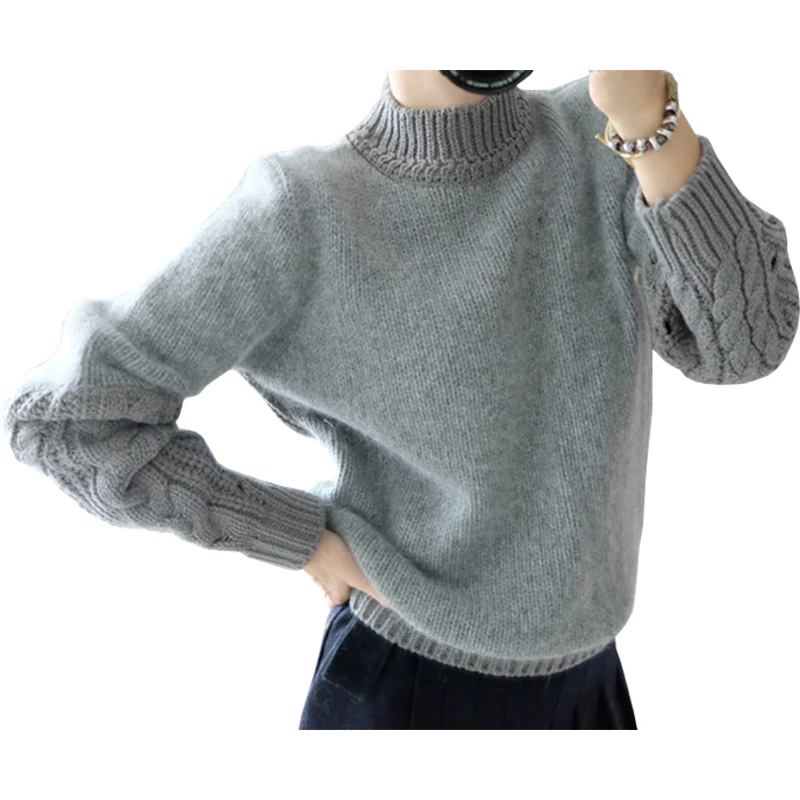 

Autumn Winter Pullover Retro Twist Sleeve Wild Bottoming Sweater Women Half High Neck Hedging Pull Female Thick Vestidos LXJ095