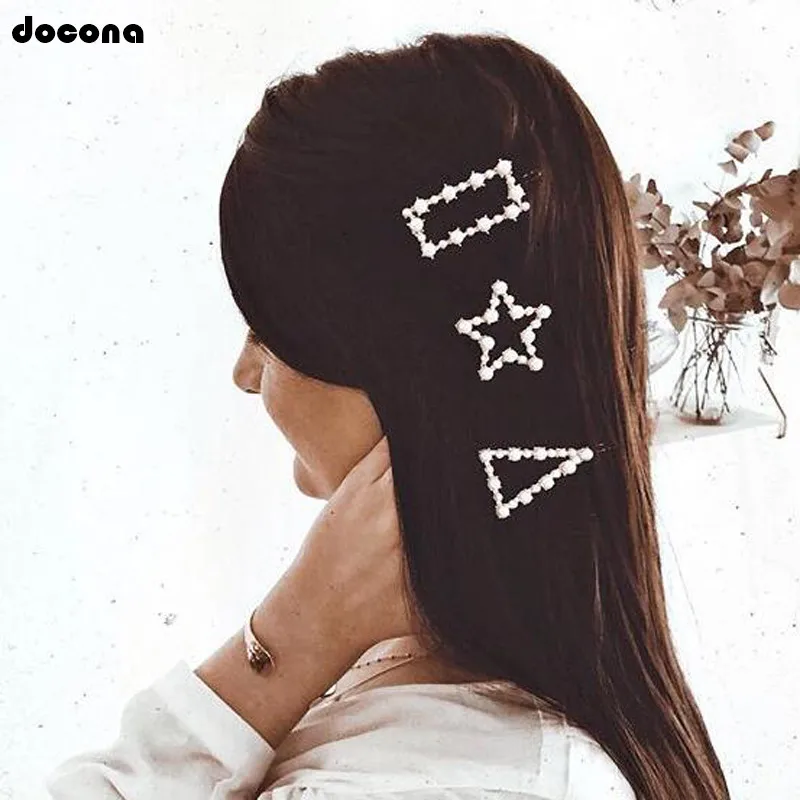 

Docona Sweet Triangle Round Bowknot Imitation Pearl Hair Clip For Women Girl Elegance Gold Color Hairpin Hair Accessories 3809