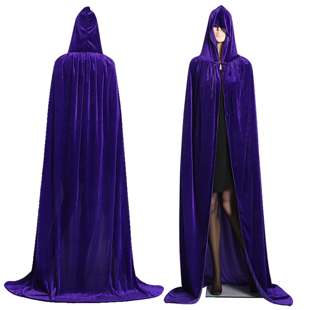 Вечерние костюмы ведьмы для взрослых, длинные фиолетовые, зеленые, красные, черные, на Хэллоуин, плащ с капюшоном и накидки, костюмы на Хэллоуин для женщин и мужчин - Цвет: Фиолетовый