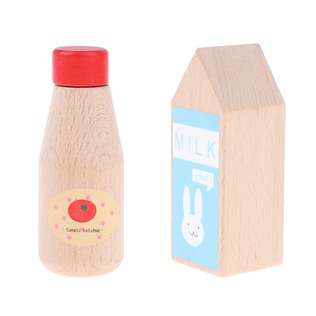 Pack of 2 Wooden Condiment Bottle Chef Role Play Tableware Toy for Kids - Ketchup Bottle & Milk Bottle
