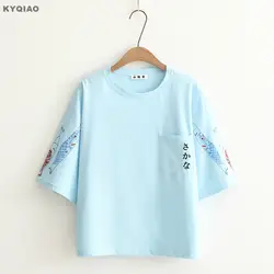 KYQIAO рыбы футболка 2019 Мори девушки осень лето японский стиль мультфильм kawayi короткий рукав o образным вырезом синий белый футболка