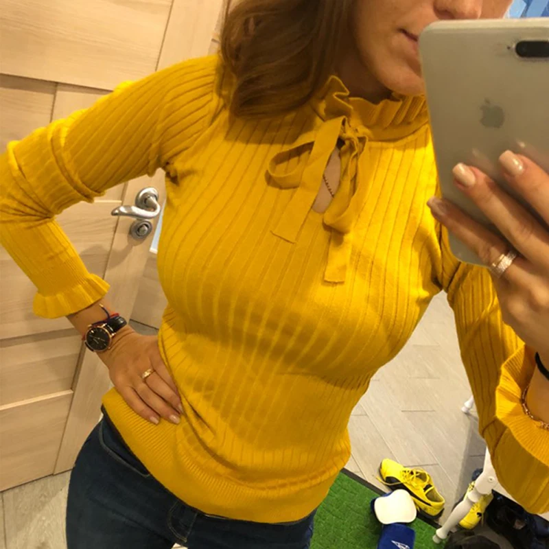 Casual Slim Sweater Women 2018 Autumn Knitting Pullovers Lace Up Long Flare Sleeve Ruffle Knitting Pullover Winter Woman Sweater
