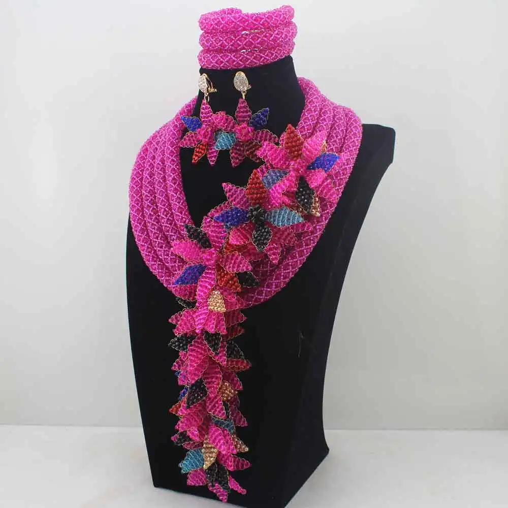 Роскошные Fuschia Розовый/смешанный бисер нигерийские Свадебные африканские ювелирные комплекты для невест женский цветочный Ювелирный Набор LK0021