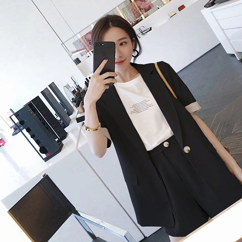 Pièces Avec Pur Short Décontracté Costume Femmes Élégant Shorts Ensemble Pour Combinaison Les Noir amp; Blazer Chauds apricot Femme 2 Couleur Pantalon 2019 D'été XIqx45U