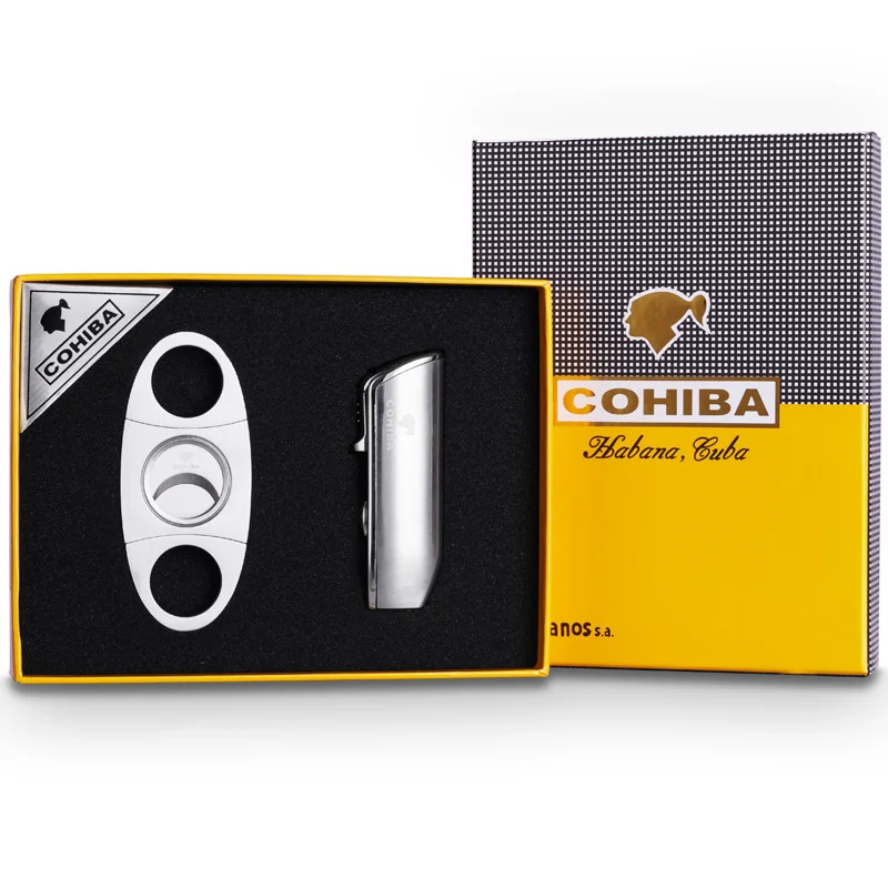 COHIBA ветрозащитная 3 фонарь Jet Flame бутан Газовая металлическая зажигалка с сигары резак подарочный набор CL-TZ009a