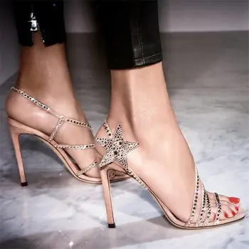 

Crystal Star Gladiator Sandals Women 2019 Summer Thin High Heels Bling Rhinestone Narrow Band Wedding Dress Shoes Lady Sandalias