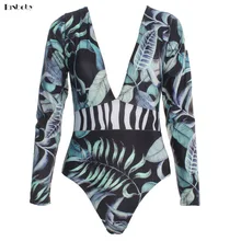 Цельные купальные костюмы с длинным рукавом, женские сексуальные купальные костюмы с глубоким v-образным вырезом, ретро с высокой талией с принтом Монокини боди