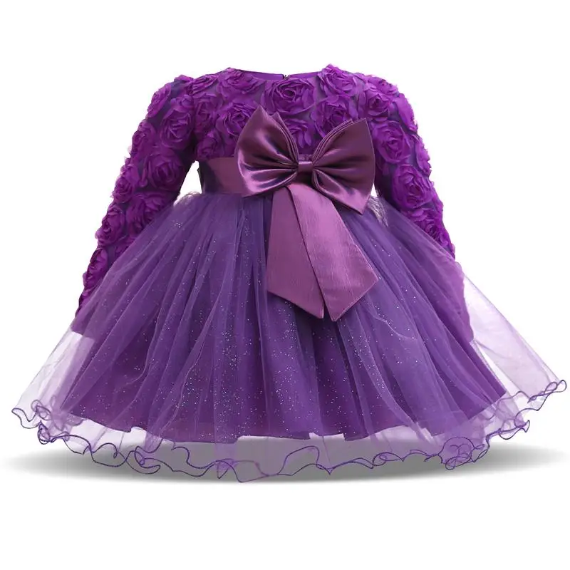 Розовое платье принцессы с длинными рукавами для маленьких девочек; платье для крещения; платье для первого дня рождения; одежда для маленьких девочек 2 лет; Vestido; 6M - Цвет: Purple