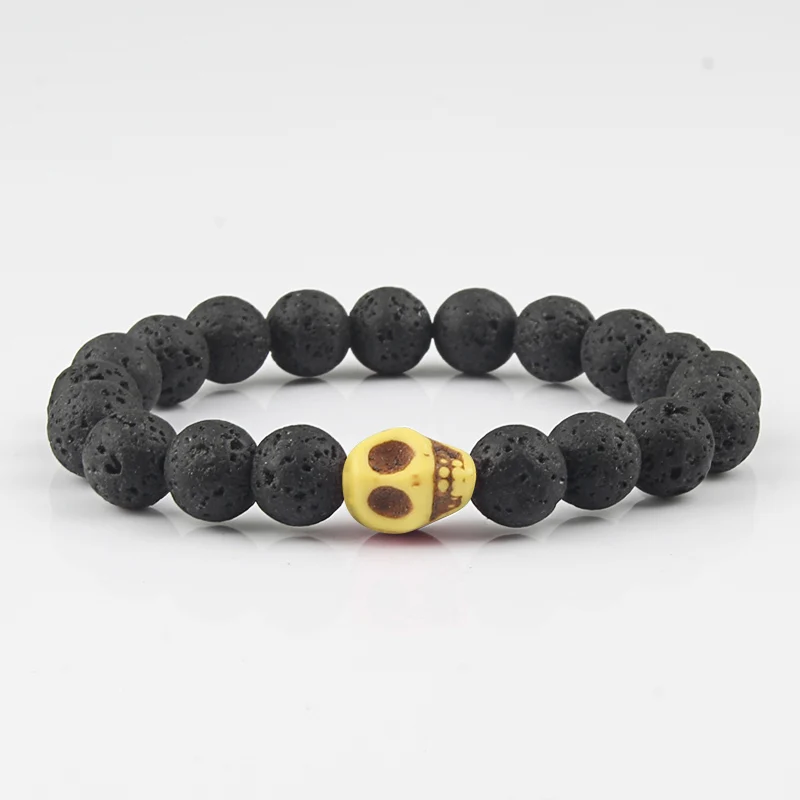

New Charm 10mm Natural Black Volcanic Lava Stone Bracelet Skeleton Skull Bead Yoga Energy Bracelets For Women Men Couple Jewelry