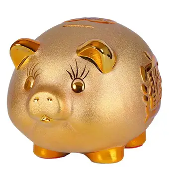 

Ceramic Pig Piggy Bank Home Decoration Golden Pig Figurine Money Box Ornament Pig Shape Coin Saving Box Kids Birthday Gift 04269