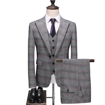 

(Blazer+Vest+Pants) Mens Wedding Suit Male Blazers Slim Fit Suits for Men Costume Business Formal Party Classic , Plaid / S-5XL