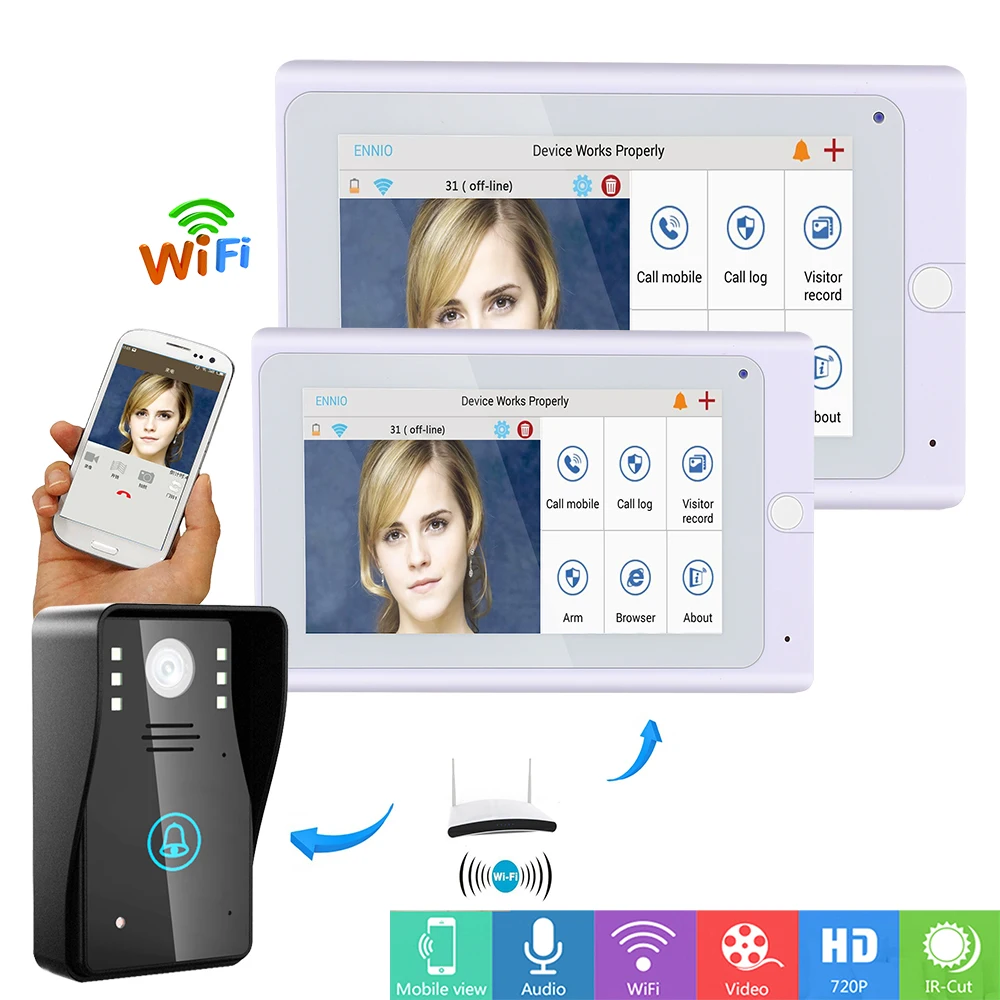 

MOUNTAINONE 720P 7" WiFi Wireless Video DoorPhone intercom Doorbell IP Camera PIR IR Night Vision with 2 monitor 1 Outdoor camer