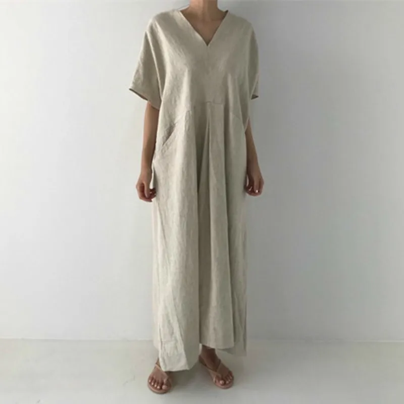 

TVVOVVIN Korean Style Women Long Dress Summer New 2019 Short Sleeve Ladies Dress Pocket Solid Color V-neck Women Clothing C120