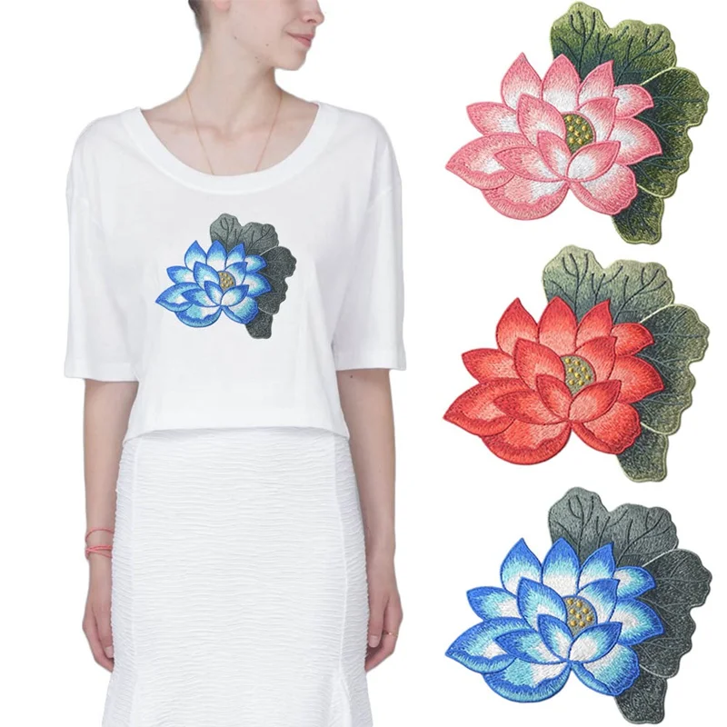 1 PCS Big Lotus Flower Embroidered Patch Garment Appliques Sew On