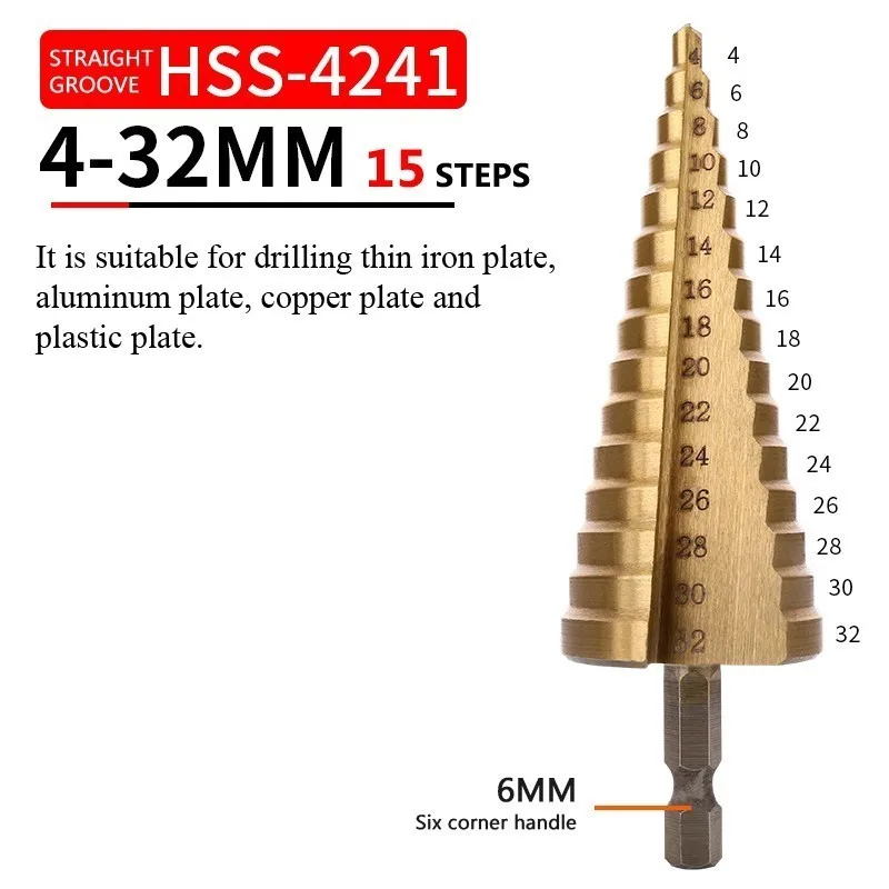 HSS с титановым покрытием Ступенчатое сверло высокоскоростное стальное конусное сверление электрошлифовальный станок Инструменты для металла, дерева, отверстия, винта, режущий резак - Цвет: Straight groove 4-32