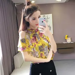 2018 с короткими рукавами цветочный шифоновая блузка новые летние тонкие свободные с открытыми плечами топ с пышными рукавами круглым