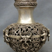 Bi003460 1" Китайская Народная Серебряный Буддизм Цветок Единорог Голова Дракона Статуя Горшок Ваза