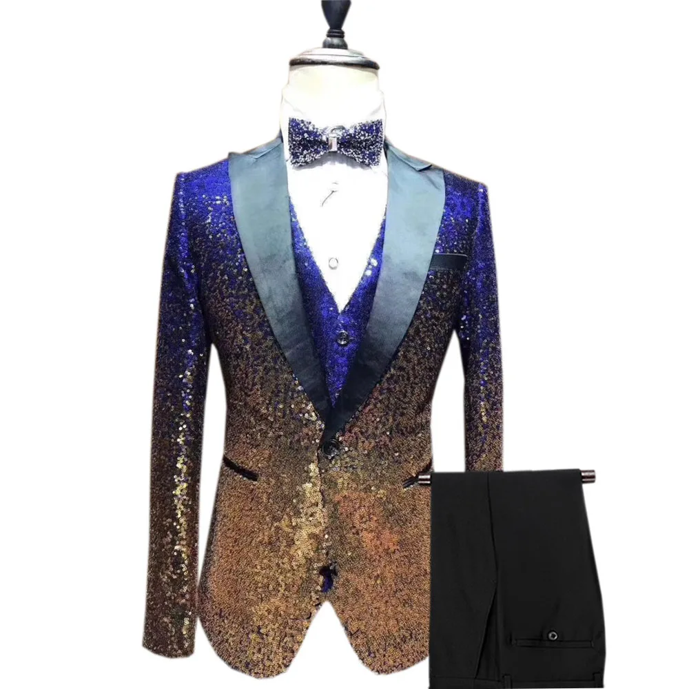 3 Pieces Shiny Sequin Mens Suit Slim Fit One Button Peak Notch Lapel Tuxedo For Party Wedding Banquet Nightclub Blazer+Vest+Pant