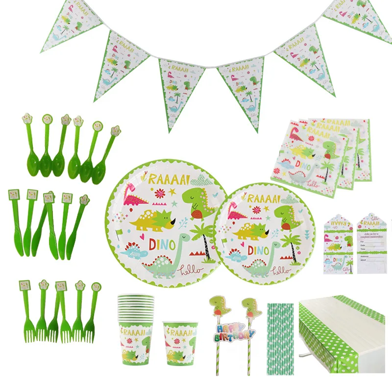 

1 Set Dinosaur Theme Tableware Birthday Party Decoration Kids Plate Cups Hats Tablecloth Balloon Flag Straw Party Supplies