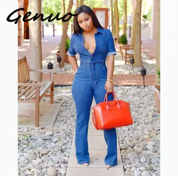 

Hot Fashionable Popular 2019 Bodycon Blue Belt Jumpsuit Short Sleeve Denim Jumpsuit V-Neck Summer Long Jumpsuit Plus Size XXL
