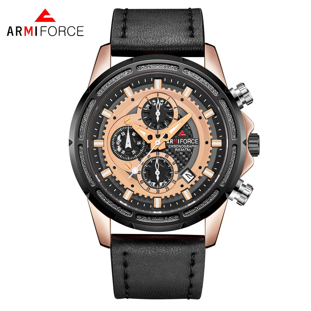 

ARMIFORCE Men Leather Chronograph Watch Auto Date Man Watches Male Stopwatch Quartz Wristwatches Relojes Para Hombre AF8004