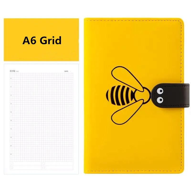 A5 A6, записная книжка из искусственной кожи Kawaii, креативный бизнес-блокнот с Пчелой и журналами, сетчатая линия, пустой дневник, еженедельный ежемесячный блокнот ежедневник - Цвет: A6 Grid Yellow