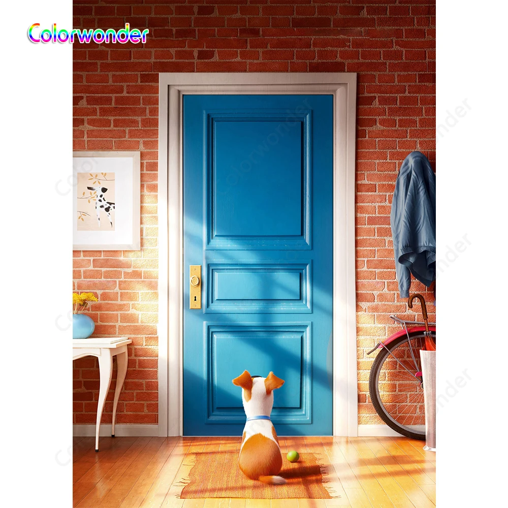 Us 4 05 19 Off Colorwonder Photography Background Dog Mike 7x5ft Red Brick Wall Wooden Floor With Blue Door Backdrop For Baby Shower Banner In