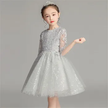 

3~14years Children Girls Half-Sleeves Princess Lace Birthday Evening Party Dress For Girls Children Piano Host Pageant Dress