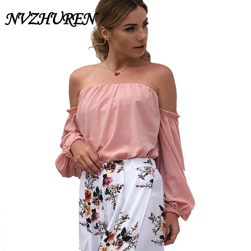 NVZHUREN однотонные розовые Для женщин шифон рубашки блузка Фонари рукавом без
