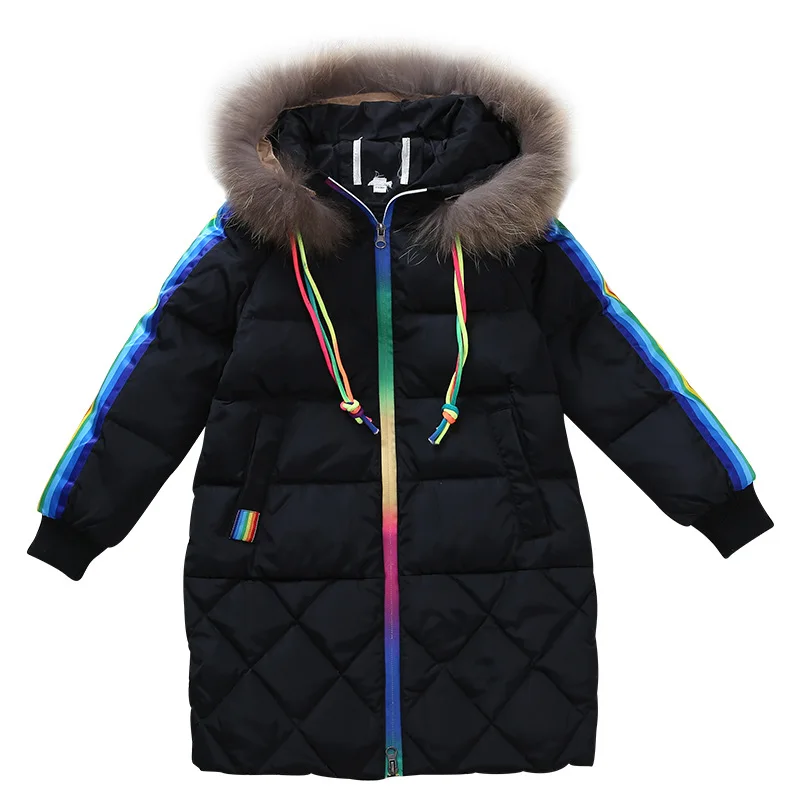 

Rlyaeiz Children's Coat 2018 Autumn Winter Jacket For Girls Fashion Striped Kids Mid-long Fur Collar Hooded Warm Parka Outwear
