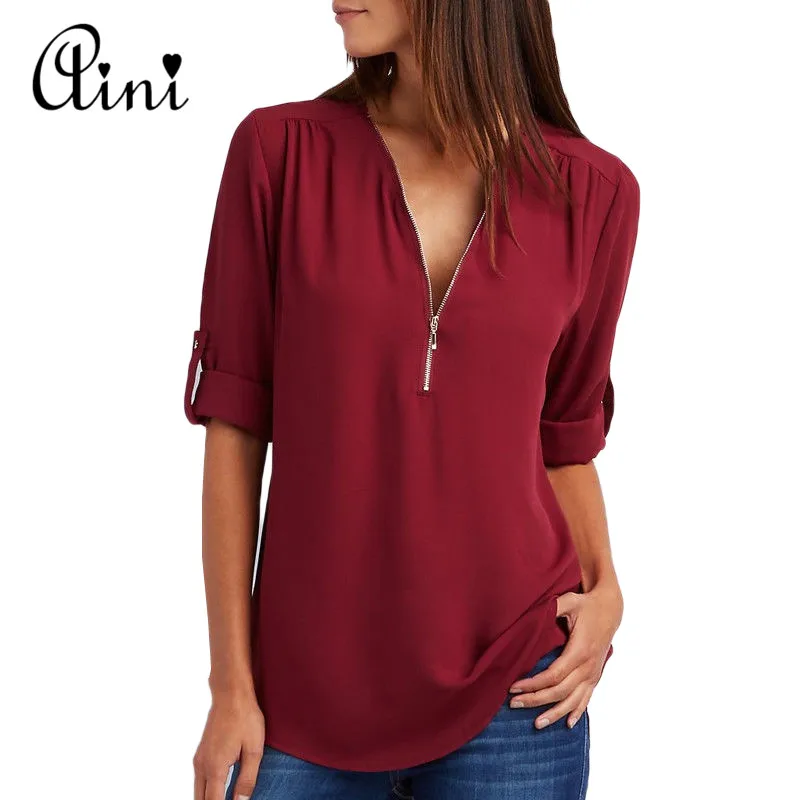 WAQIA Women Chiffon Blouse 2018 V Collar Zipper Large Size Long Sleeves Loose Shirt Blouse Blusa Feminina Vestidos Pus Size 5XL