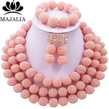 

Majalia Fashion Nigerian Wedding African Pearl Jewelry Set Peach Crystal Plastic Pearl Necklace Bride Jewelry Sets 3LM014