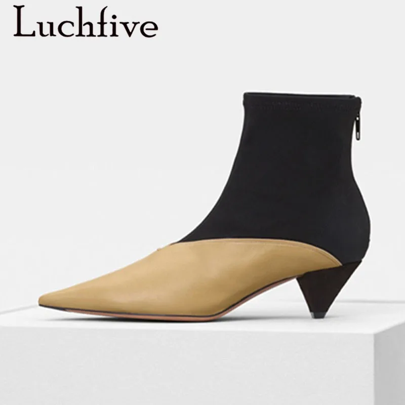 

Genuine leather Boots women patchwork pointy toe Ankle Boots 2018 newest Autumn stretch spike high heels sock shoes ladies