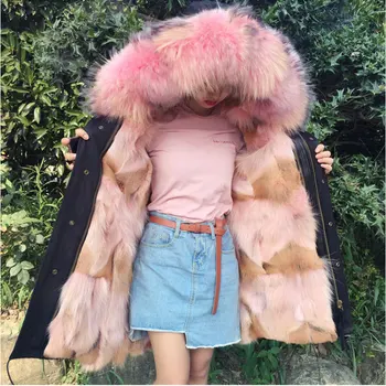 

New 2017 Big Raccoon Fur Collar Bomber Jacket Women Winter Fashion Real Wolf Fur Liner Removable Hooded Parkas Female Army Coat