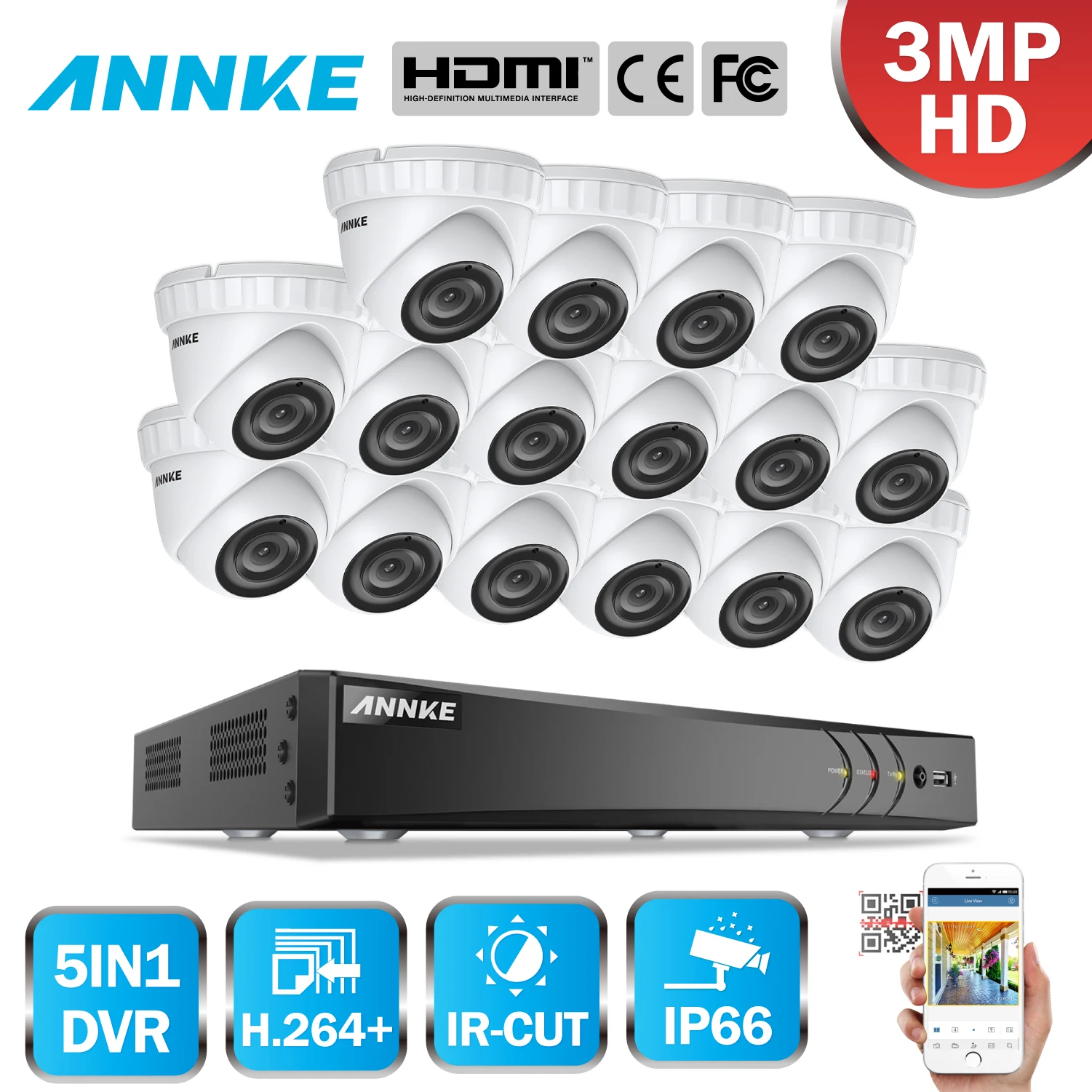 

ANNKE 16CH 3MP CCTV System HD TVI DVR 16PCS 2048*1536 TVI Security Dome Camera Outdoor CCTV Camera Home Video Surveillance Kit