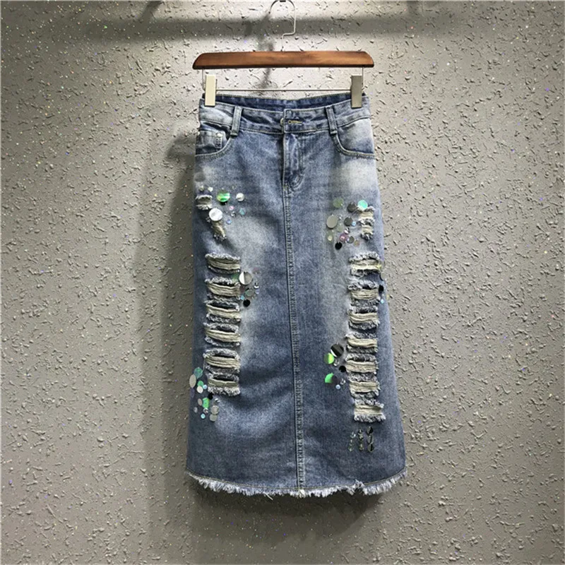 Zomer Vintage Gat Gescheurde Jeans Rok Vrouwen Wassen Maxi Straight Denim Rokken Vrouwen Faldas Mujer Pailletten Cowboy Lange Rok C4283 Zomer Vintage Gat Gescheurde Jeans Rok Vrouwen Wassen Maxi Straight Denim Rokken Vrouwen Faldas Mujer Pailletten Cowboy Lange Rok C4283