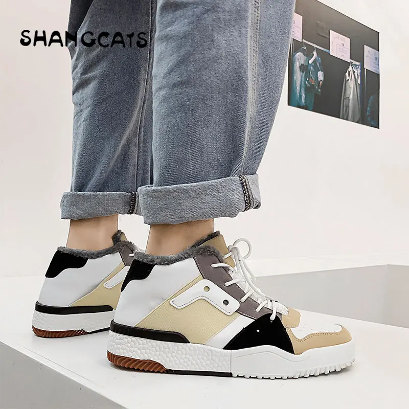 

2018 Winter Men vulcanize Shoes Plush Inside Winter Flat Shoes Thicken Warm Plush Comfortable Men Sneakers Lace-Up Male Footwear