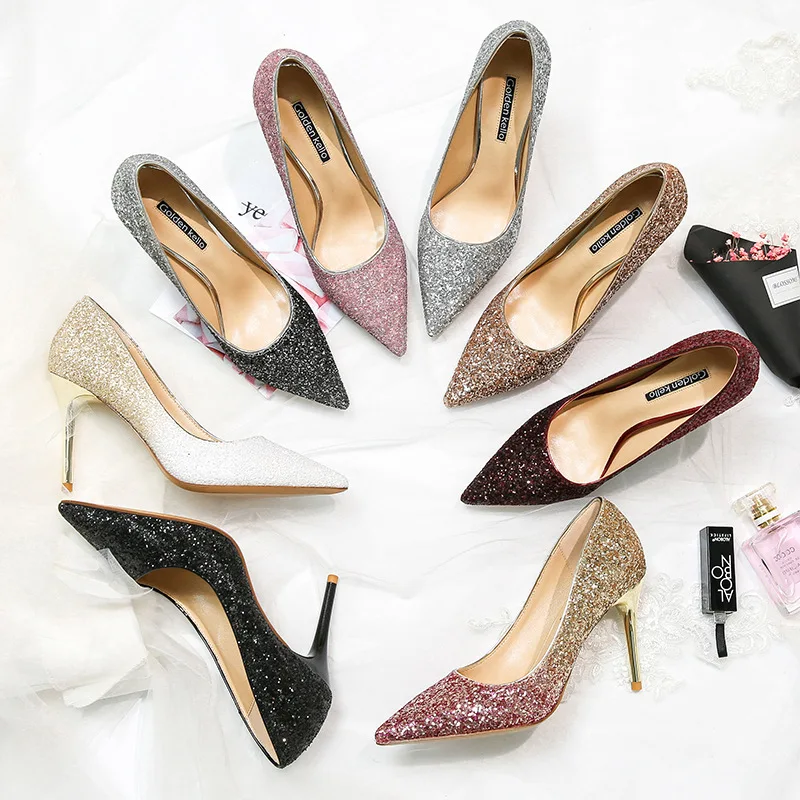 

HOT Extreme Women Pumps Luxury Bling Wedding Shoes Sexy High Heels 5-9cm Stiletto Gradient Women Shoes Fashion Party Pumps Shoes