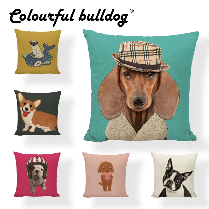 

Cute Colorful French Bulldog Cushion Cover Cartoon Dog 45x45Cm Square Corgi Pug in Beer Living Room Decorate Throw Pillow Case