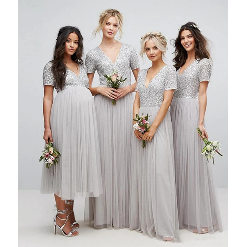 Sequins Top Bridesmaid Dresses 2018 Sliver Short Sleeve V Neck Sequins Top Bridesmaid Dresses 2018 Sliver Short Sleeve V Neck Pleated Tulle A Line Maid Of Honor Pregnant Dress Floor Length In From