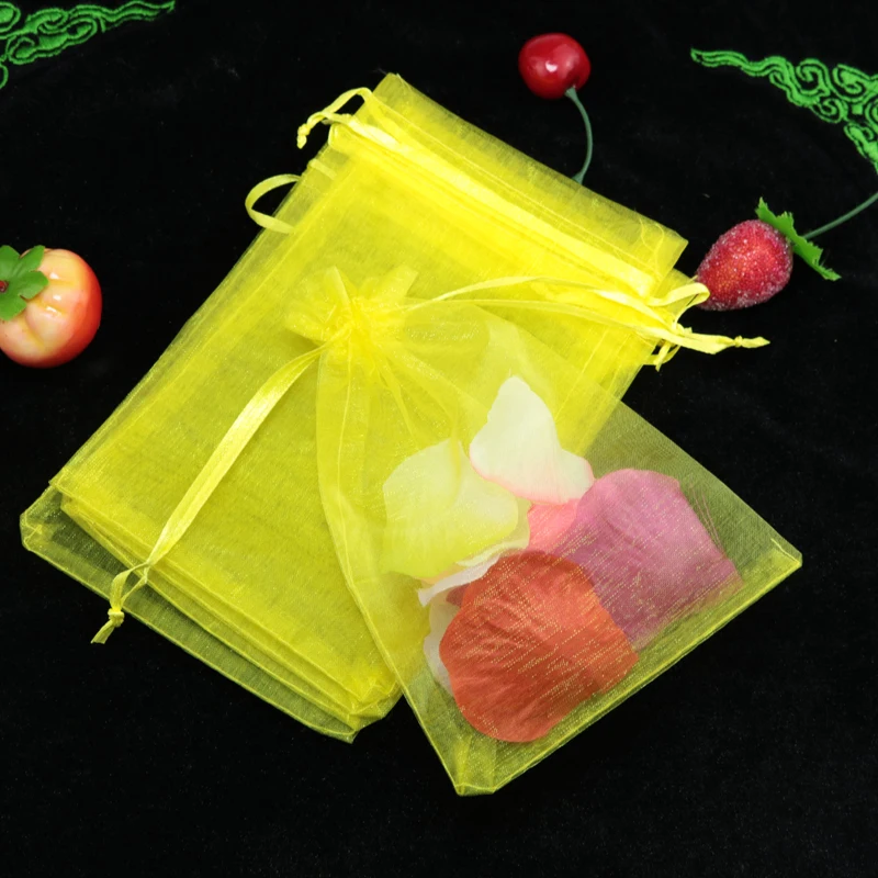 Оптовая продажа 100 шт./лот 9x12 см желтый органзы свадебные сумочки Jewelry упаковка для конфет тканевый мешок для подарков и чехлы