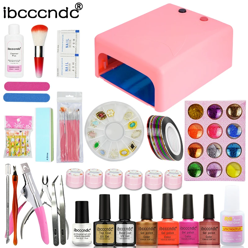 

Nail Art Set Kit 36W UV Lamp + 4 Color 10ml Gel Polish Base and Top Flower Gel Peel Off Liquid with Nail Brushes Set Manicure