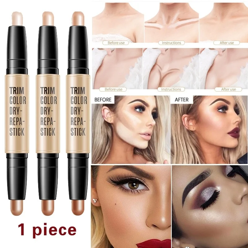 

2 In 1 Facial Highlight Foundation Base Contour Stick Beauty Make Up Face Powder Cream Shimmer Concealer Camouflage Pen Makeup