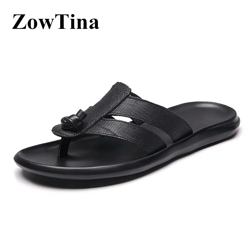 Men Black Leather Flat Slippers Outdoor Natives Man Sandals Vintage Design Beach Flip Flops Male Rubber Sole Comfortable Slides