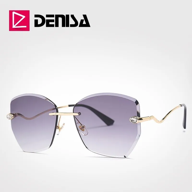 DENISA, роскошные солнцезащитные очки для девушек,, стразы, без оправы, очки, Ретро стиль, полигон, женские солнцезащитные очки, фирменный дизайн, UV400, G23059 - Цвет линз: Gray Sunglasses