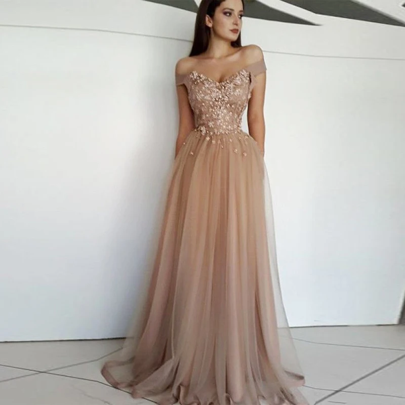 

Off The Shoulder Formal Evening Gowns Beading Flowers Tulle Floor Length Brown Women Prom Party Dresses Zipper Up