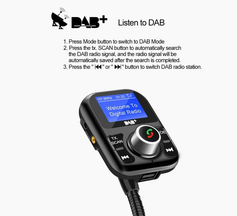 MP3 цифровой плеер DAB/DAB+ приемник антенна Bluetooth зарядки Порты TF USB без использования рук, fm передатчик, автомобильный набор, ЖК-дисплей Дисплей